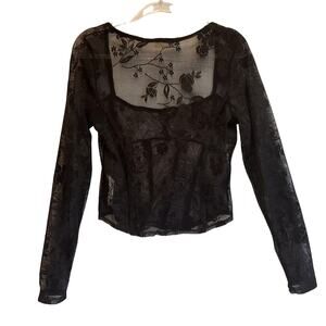 Free People Intimately Black Sheer Floral Lace Long Sleeve Mesh Top Large boho